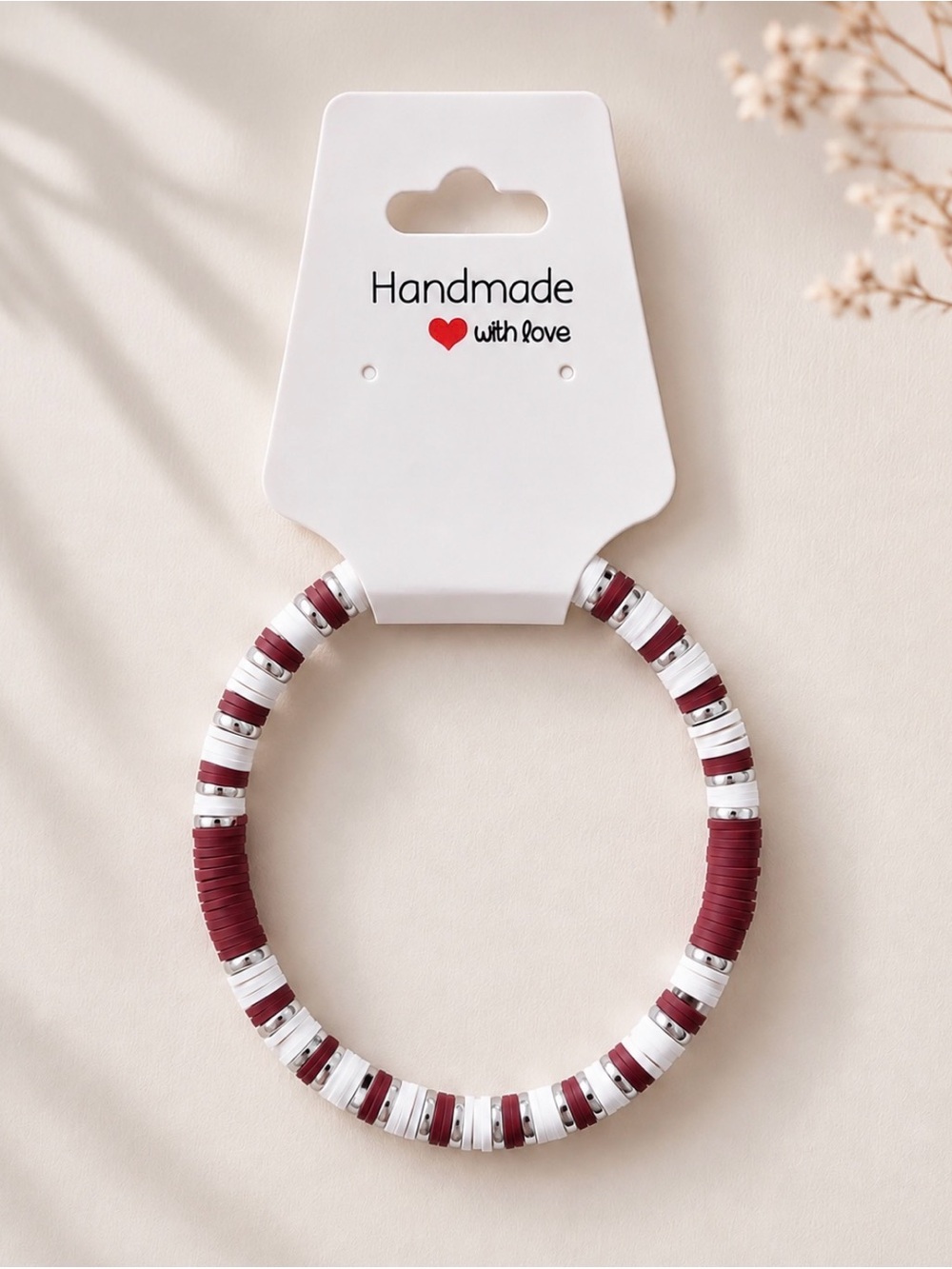 Maroon and White Beaded Stretch Bracelet